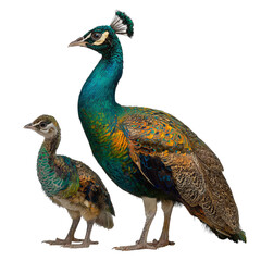 Obraz premium Png of A majestic peacock with vibrant plumage stands next to a young peafowl, showcasing their stunning colors and unique features.