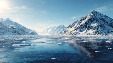 Breathtaking icy landscape with towering snow-covered mountains and floating ice in a tranquil fjord under a pale blue sky