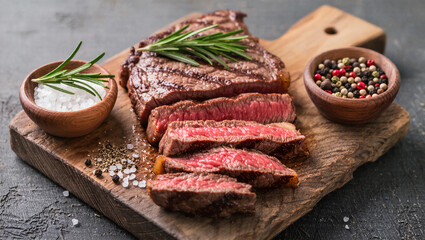A mouthwatering, expertly grilled steak, beautifully sliced to reveal its tender interior, rests invitingly on a rustic wooden board, accompanied by aromatic rosemary sprigs and seasoning.