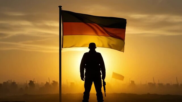 Soldier silhouette with Germany flag waving on a beautiful sunset
