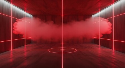 Abstract Red Neon Lit Room with Smoke for Futuristic Display or Presentation
