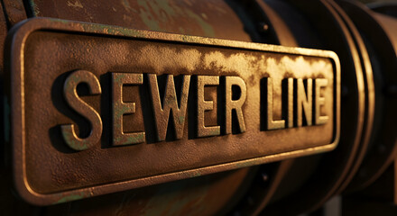 Rustic Sewer Line Sign Adhered to an Industrial Pipe System