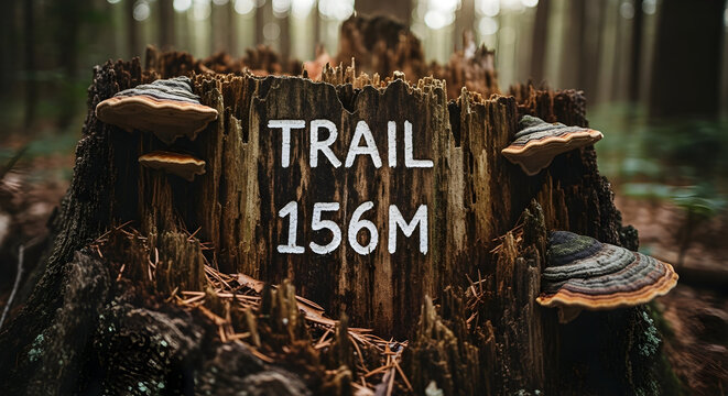 Rustic Trail Marker In Forest Shows Nature Hike In Woodlands Outdoors