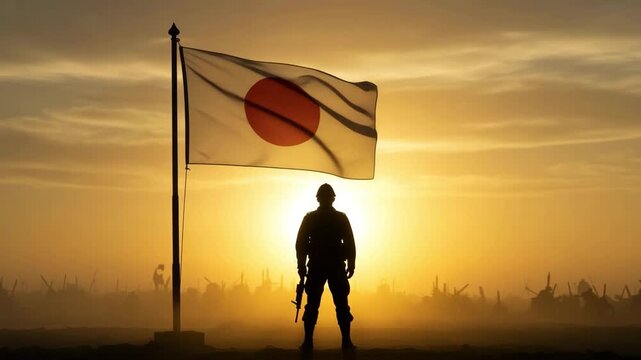 Soldier silhouette with Japan flag waving on a peaceful sunrise