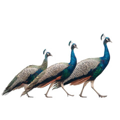 Fototapeta premium Png of Three regal peacocks walking gracefully, showcasing their vibrant feathers in shades of blue and green.
