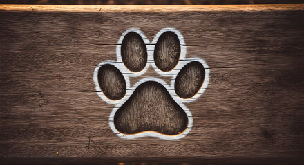 Rustic Wooden Dog Paw Print Carving Design Decoration On Bench