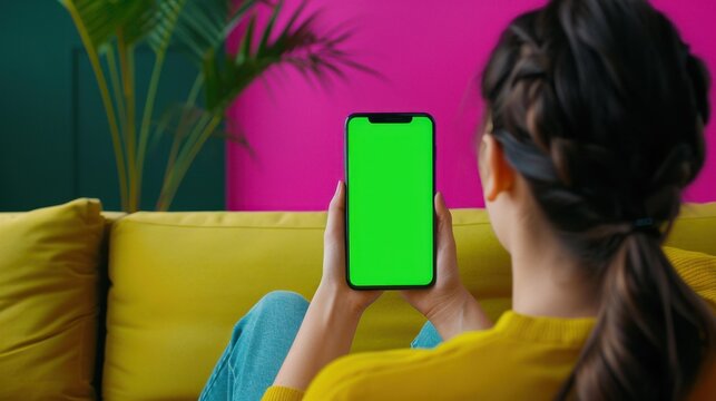 Teen sits on a sofa, engrossed in their smartphone with a vibrant green screen behind, embodying social media engagement. - Powered by Adobe
