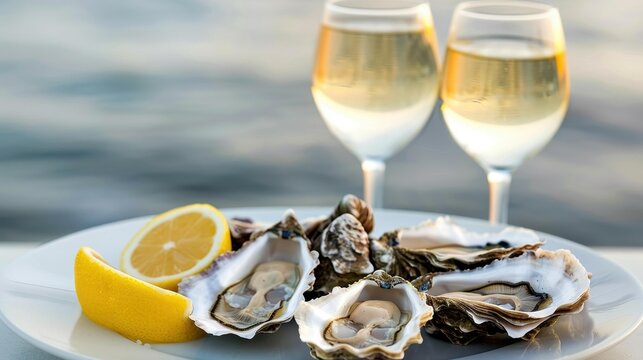 Enjoy a romantic evening with fresh oysters and sparkling wine, overlooking the serene sea from a beautiful terrace. - Powered by Adobe