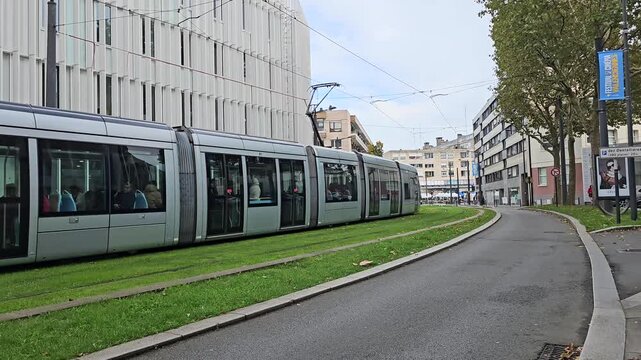 Valenciennes, France, 16 October 2025, Modern Tram on Rails in Valenciennes in the North of France