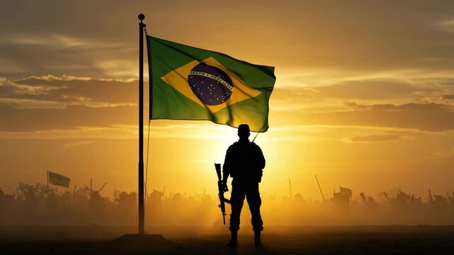 Soldier silhouette with Brazil flag waving on a summer afternoon