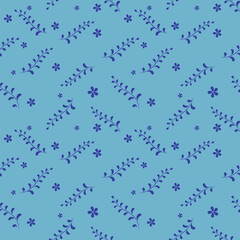 Minimal Indigo Blue Floral Seamless Pattern, Elegant Hand Drawn Design.