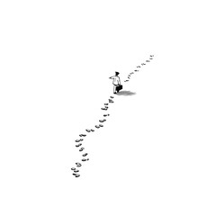 Obraz premium A man with a briefcase walking away leaving footprints on a white background in a minimalist style art