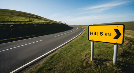 Scenic Countryside Road View With Sign Leading To Hill Direction Distance