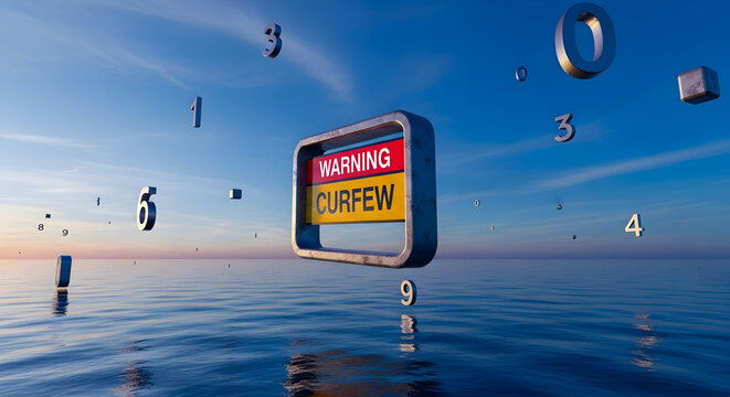 Surreal Floating Curfew Sign In Ocean With Numbers Against Sky