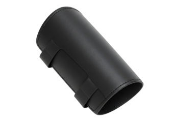 Sleek Black Leather Arm Bracer Futuristic Gauntlet Protection with Straps Isolated on Black Background Studio Shot