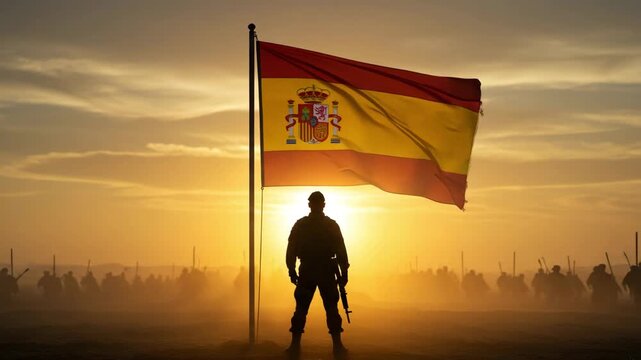 Soldier silhouette with Spain flag waving on a sunny day