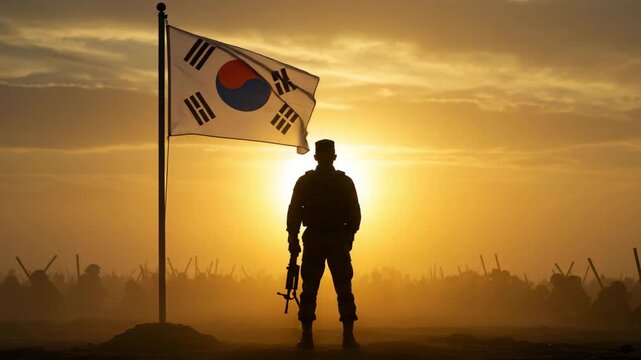 Soldier silhouette with South Korea flag waving on a clear sky