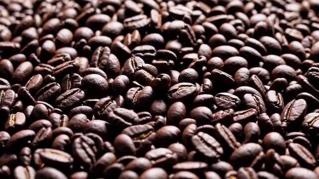 Immersive 4K close up of roasted coffee beans with deep rich texture glossy finishes and the hint of aroma crafted to capture the sensory magic and satisfaction of a perfect brew
