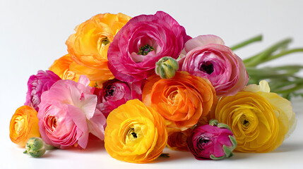 Naklejka premium Vibrant bouquet of colorful ranunculus flowers with lush petals on white background
