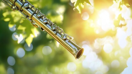 A shiny oboe instrument is against blurred green foliage and light