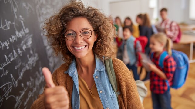 Smiling teacher gesturing thumbs up in classroom with students entering