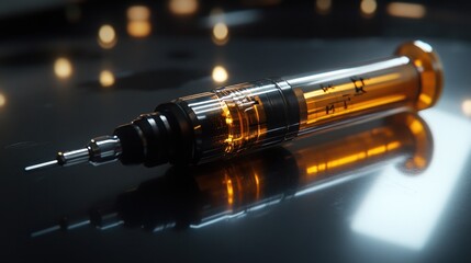 A futuristic looking syringe rests on a reflective surface