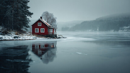 Serene winter scene featuring a vibrant red wooden house by a calm, partially frozen lake with snow-covered trees and reflections creating a tranquil landscape.