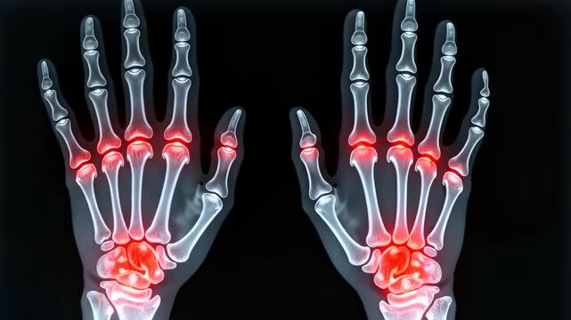 x-ray scan, joint pain, hand bones. Arthritis diagnostics. Arthritic joints cause severe pain. 3D medical illustration shows inflammation. Hand arthritis limits daily activities.