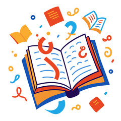 Open Notebook with Floating Alphabet Letters and Writing Symbols on White Background