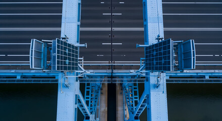 Naklejka premium Symmetrical Blue Bridge Structure From Above Over River Water Concept