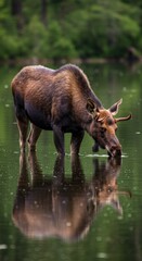 Fototapeta premium Moose drinking by tranquil lake