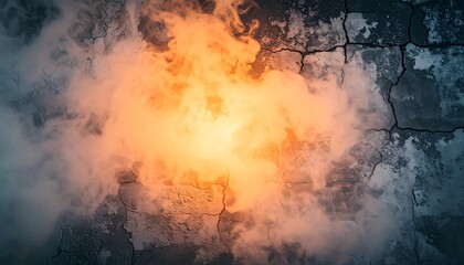 Fototapeta premium Explosion texture with glowing fire and smoke on cracked surface | Fiery abstract background with copyspace 