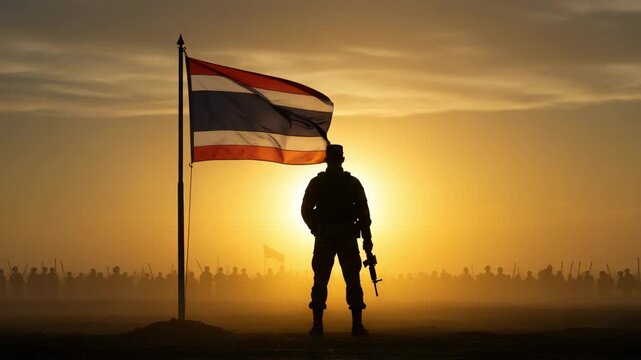Soldier silhouette with Thailand flag waving on a bright sunset