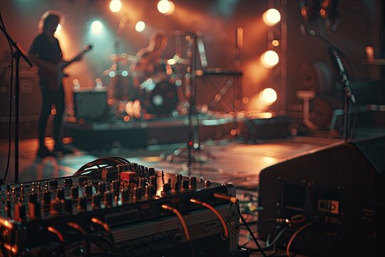Ultra Hd Visual of a Stage with Sound Equipment and a Blurry Band Performing