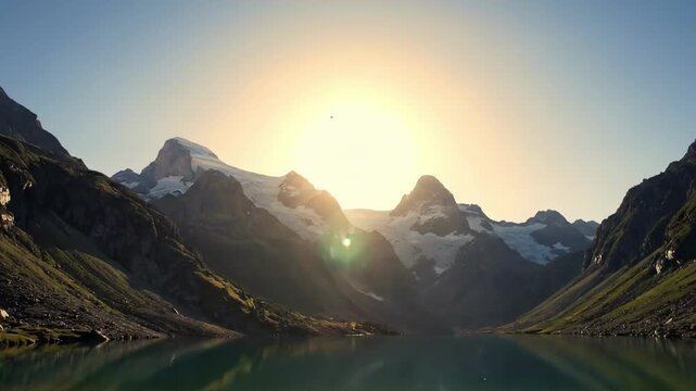 sunpath - Serene mountain landscape at sunrise, featuring a tranquil lake reflecting majestic peaks and lush greenery, perfect for nature enthusiasts and travel enthusiasts alike