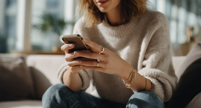 A close-up of the hands of an attractive woman in her thirties, holding and using a mobile phone, sitting on a couch at home with a blurred background of a modern living room Generative AI