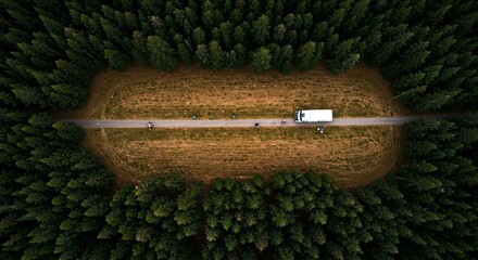 a truck driving down a road in the middle of a forest