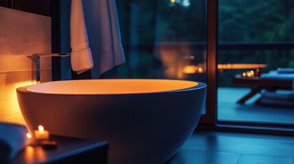 A modern bathroom with lit candles and a relaxing ambiance