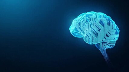 Digital representation of a human brain with a circuit-board like design, glowing blue - Powered by Adobe
