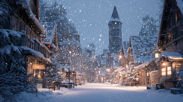 Picturesque snowy village at twilight with glowing lights and rustic wooden houses