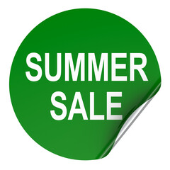 Summer sale sticker, green round label with curled corner. 3D rendering