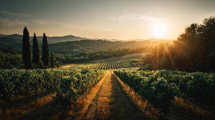 Idyllic vineyard path bathed in golden morning sunlight with cypress trees and rolling hills