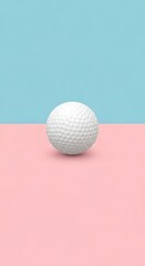 A perfectly textured golf ball, resting on a two-tone surface. 