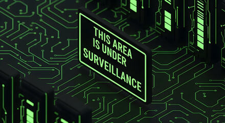 This Area Under Surveillance Glowing Sign On Electronic Circuit Background