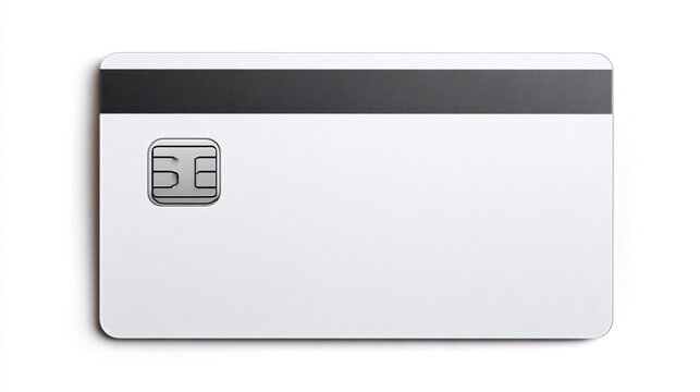 Minimalist matte white credit card back with EMV chip and black magnetic stripe on white background