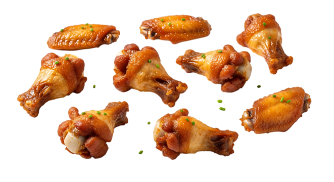 Delicious fried chicken wings isolated on transparent background, a classic appetizer or snack perfect for parties, game days, or a casual meal