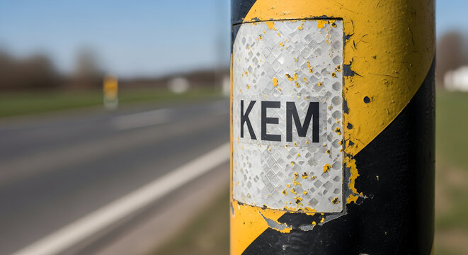 Warning Pole With Retroreflective Signage Alongside A Quiet Country Road In Daytime