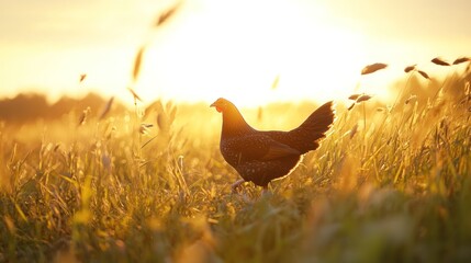 A hen walks through tall grass in a golden sunset
