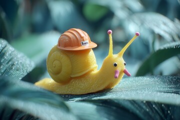 This whimsical snail figurine, adorned with a construction hat, rests on a leaf, surrounded by lush greenery.