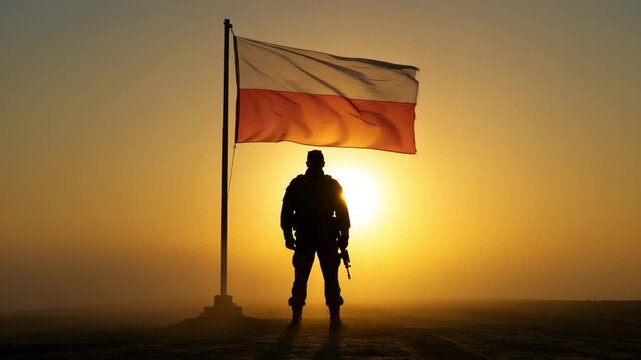Soldier silhouette with Indonesia flag waving on a sunny day	
